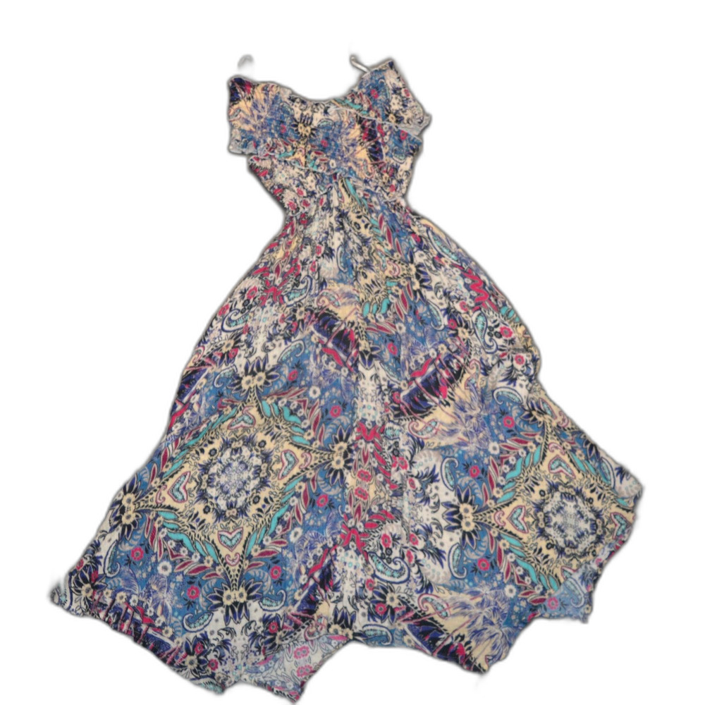 By Anthropologie Smocked Gauze Criss-Cross Dress Blue Motif Boho Medium - Picture 7 of 16